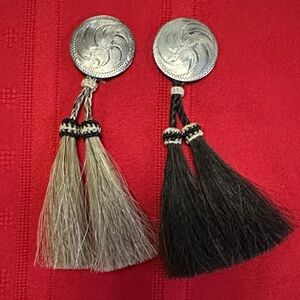 Silver Tone Concho Brown & Black Horse Hair Tassel Western Tie